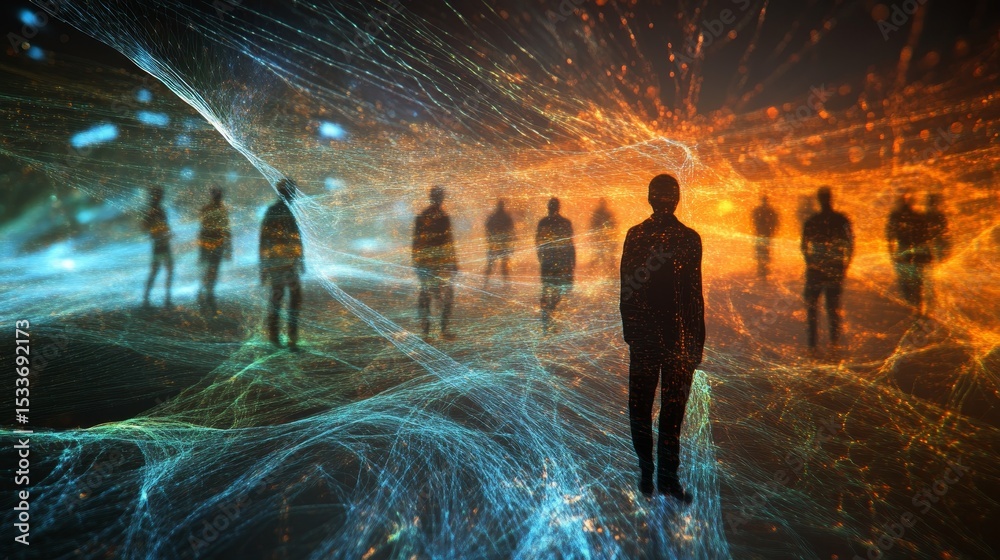 Fototapeta premium point cloud visualisation of a group of people with lines of light visualising the magnetic force around them,