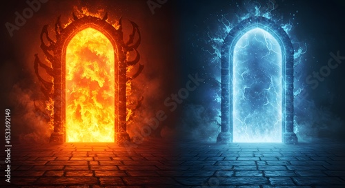 Gateway to heaven or hell, symbolizing human choice, morality, and the eternal battle between darkness and light

