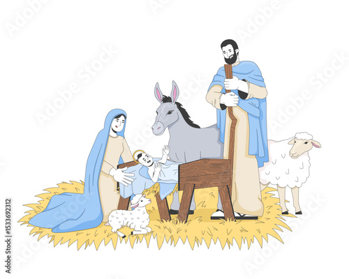 Nativity with baby Jesus and family 2D cartoon bible characters. Divine newborn in manger, surrounded by Mary, Joseph, donkey, lambs flat vector people isolated on white. Spot illustration colorful