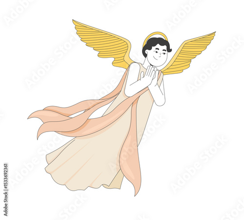 Floating graceful angel with wings and flowing robes 2D cartoon bible character. God messenger. Praying divine being with clasped hands flat vector person isolated on white. Spot illustration colorful