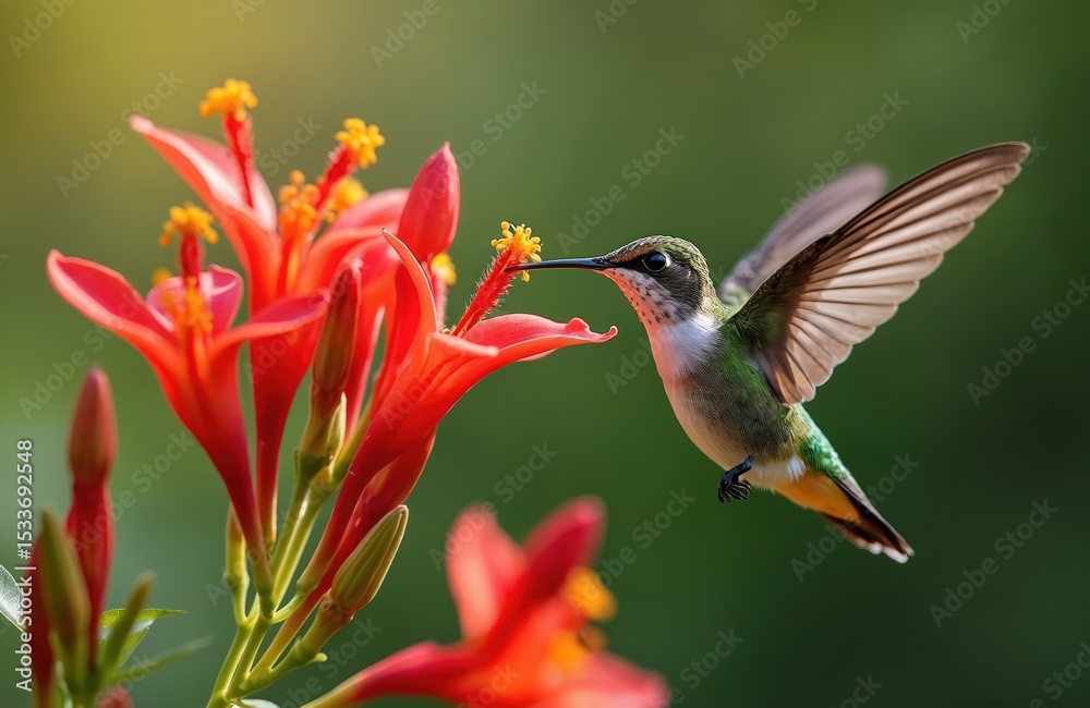 Naklejka premium Hummingbird feeds on red Crocosmia flower nectar. Bird in flight. Nature scene with wildlife animal. Bright vibrant colours. Natural light background.