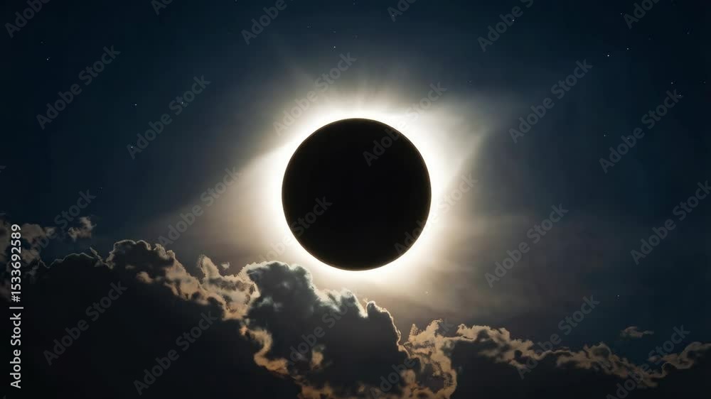 Celestial event featuring a total solar eclipse against a cloudy night sky with stars in the dark sky, illuminated by the corona.