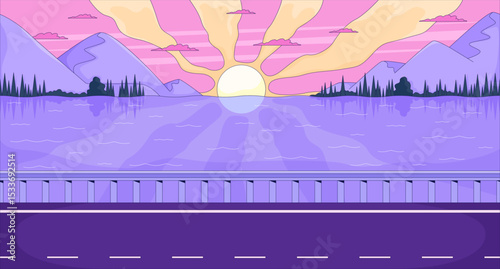 Sunset over mountain lake with roadside flat illustration background. Twilight summer road. Sun rays across water, lakeside highway dusk sky 2D cartoon lofi backdrop. Colorful scene vector art image