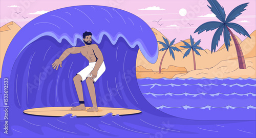 Male surfer riding big ocean wave near tropical beach lofi wallpaper. Surfing culture. Summer activity. Surfboard man 2D cartoon flat illustration. Vector art image lo fi aesthetic color background