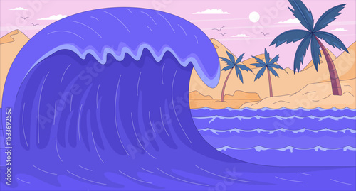 Large ocean wave crashing near tropical beach flat illustration background. Sea paradise. Surf style. Seascape coast sandy desert island 2D cartoon lofi backdrop. Colorful scene vector art image