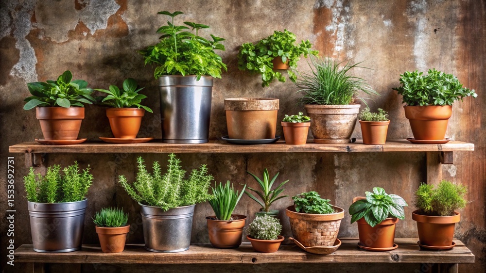 Fototapeta premium Terracotta pots bursting with a vibrant collage of garden herbs, basil, and spring flowers create a natural, leafy growth on a summer patio