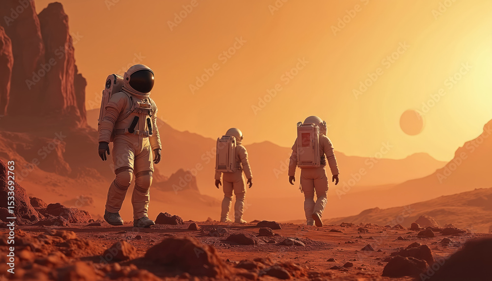 Obraz premium Astronauts explore Mars. Team walks on red planet surface. Sci-fi illustration, space mission concept. Digital art, journey into future, cosmos adventure. Exploration, technology, fantasy scene.