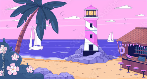 Sunset ocean bay lighthouse with beach bar lofi wallpaper. Sailing boats, palm tree. Coastal beacon tropical shore 2D cartoon flat illustration. Vector art image lo fi aesthetic color background