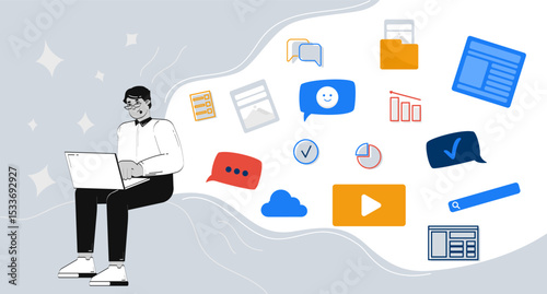 Content creation in digital marketing 2D illustration concept. Productivity analysis. Remote job. Multitasking laptop user cartoon conceptual abstract vector art. Flat metaphor on grey background