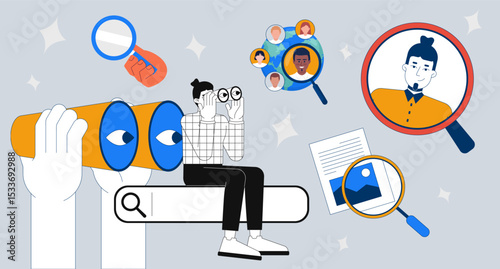 Talent search and online recruitment 2D illustration concept. HR manager using binoculars for top candidates, headhunting cartoon conceptual abstract vector art. Flat metaphor on grey background
