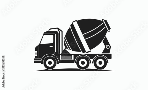 Cement mixer truck, construction vehicle icon, concrete transport silhouette, heavy duty truck vector