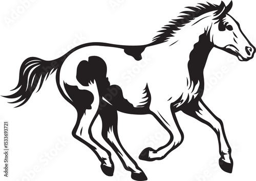 Appaloosa horse running dynamic silhouette, Galloping horse energetic black drawing