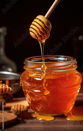 Golden honey dripping from wooden dipper into glass jar on rustic wooden table