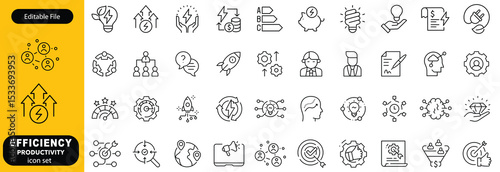 Set of efficiency related line icons. Productivity, optimization, improvement vector design, etc icon set