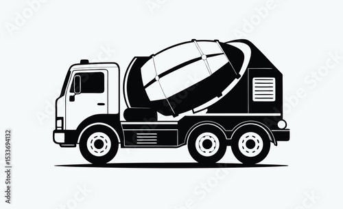 Cement mixer truck, construction vehicle icon, concrete transport silhouette, heavy duty truck vector