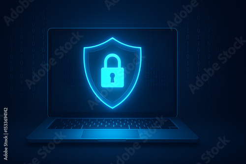 Symbol kłódki na tarczy wyświetlany na ekranie laptopa – koncepcja cyberbezpieczeństwa i ochrony danych
