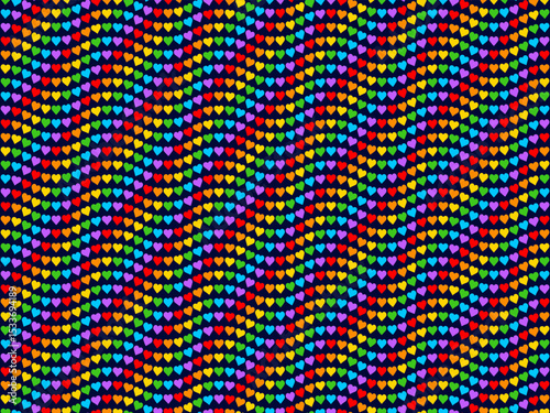Wavy Rainbow Heart Mosaic, seamless vector pattern with colorful hearts in a retro vintage rainbow palette. Perfect for backgrounds, textiles, and festive banner designs, spreads love and joy