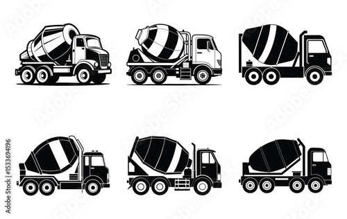 Cement mixer truck, construction vehicle icon, concrete transport silhouette, heavy duty truck vector, Cement mixer truck set