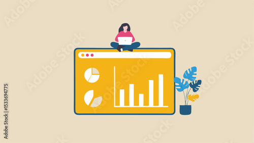 Woman sitting on a browser window with charts and graphs and a plant in a pot next to the browser window
