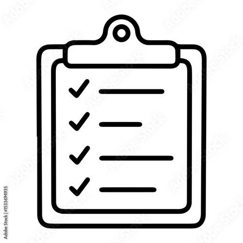 Outline style image depicts a clipboard with a paper attached, features multiple lines, each with a checkmark, denoting a completed list or multiple approvals. Related to project completion, outcomes