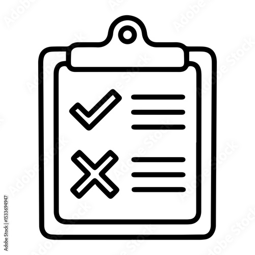 Outline style image depicts a clipboard holding a paper that features prominent checkmark and X symbols, representing yes/no or true/false options. Related to surveys, decision-making, feedback forms