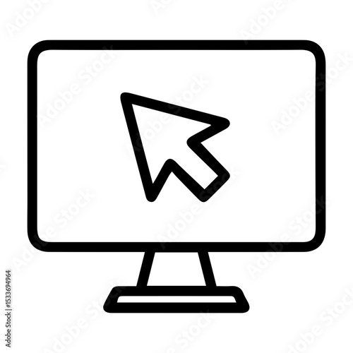Outline style image depicts a desktop computer monitor with a large arrow cursor pointing towards the center of its screen, denoting interaction with a display. Related to computer interaction