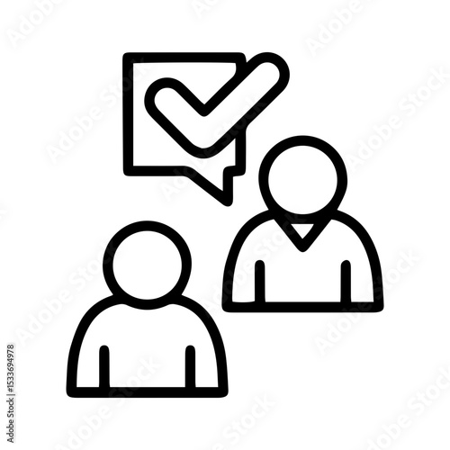 Outline style image depicts two stylized person figures, with a speech bubble having a checkmark above one, indicating agreement or consensus. Related to teamwork, validation, collective affirmation