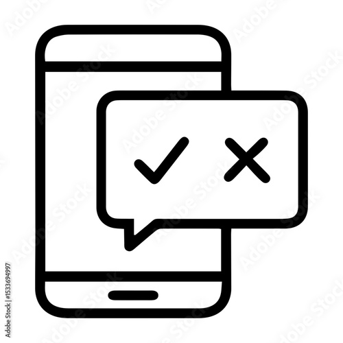 Outline style image depicts a smartphone with a speech bubble displaying both a checkmark and an 'X' symbol, indicating a quiz, choice, evaluation interface. Related to mobile applications, survey