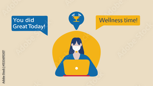 Woman wearing a mask working on a laptop with wellness messages and a trophy icon in a speech bubble