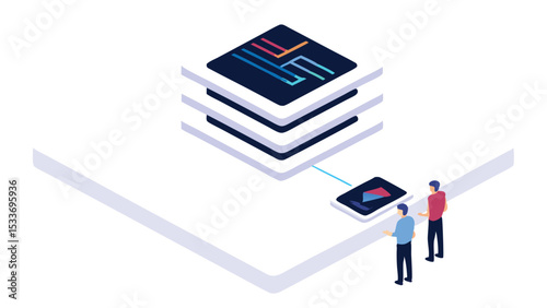 Isometric view of a data server tower connected to a mobile device with two people standing nearby