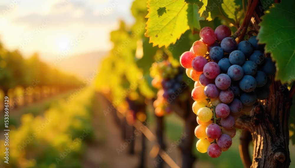 Fototapeta premium Sun-drenched rows of ripening grapes hang heavy on the vine, ready for harvest Golden sunlight bathes the vineyard in a warm, autumnal glow, promising a rich vintage , sunlit, viticulture