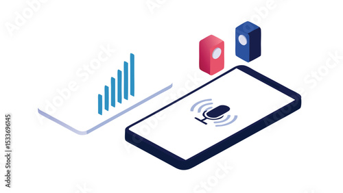 Isometric illustration of a smartphone with microphone icon, speakers, and signal bars displayed