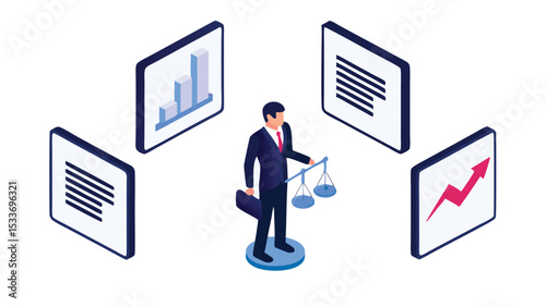 Isometric view of a business man holding scales surrounded by data charts and document icons