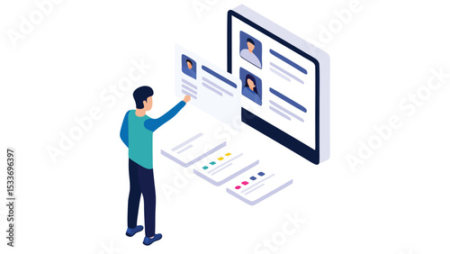 Isometric illustration of a man interacting with profiles on a digital screen and card interfaces