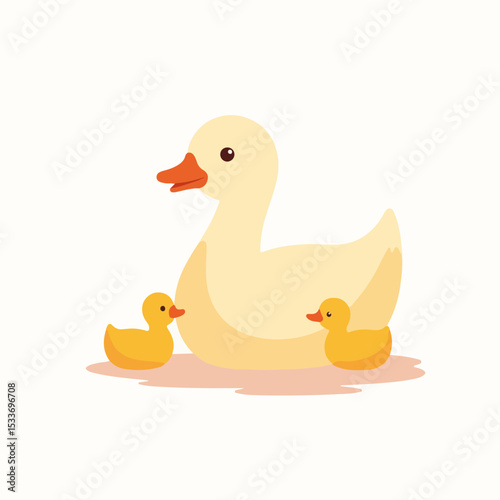 Cute yellow rubber duck with two ducklings.  Mother duck and her babies are perfect for bath time fun. Adorable duck family illustration for children's books, greeting cards, or website design.