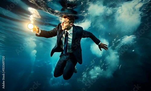 Wallpaper Mural A Businessman Dives Into The Water, Shines A Flashlight, Looking For Something. Concept of Leadership, Courage, and Decision Making Torontodigital.ca