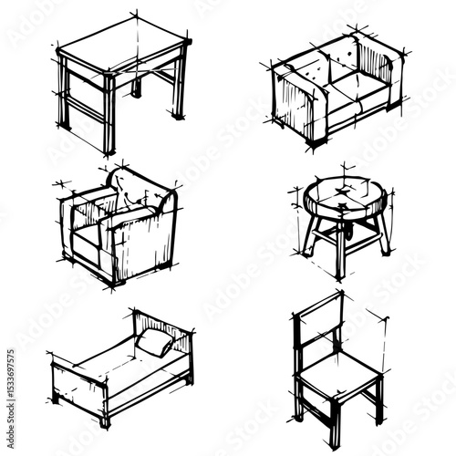 "Vintage Furniture Sketches: Table, Sofa, Armchair, Stool, Bed, Chair in Line Art"