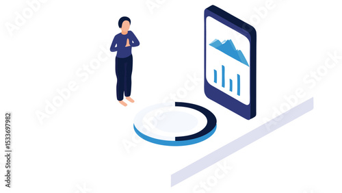 Person meditating near a progress circle and a phone displaying charts and graphs isometric view