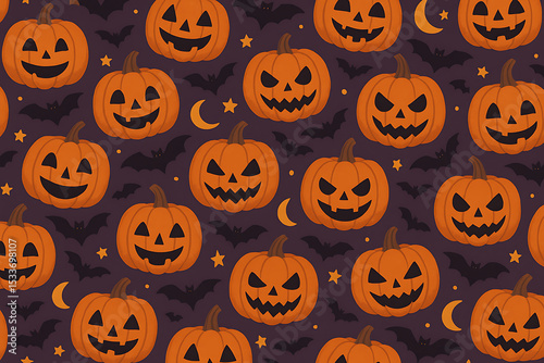 Seamless halloween pattern with pumpkins bats and moons for backgrounds
