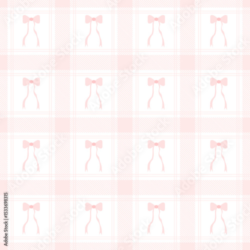 pink bow on Fabric pattern, pink checkered pattern background, gift wrapping paper , seamless pattern 
