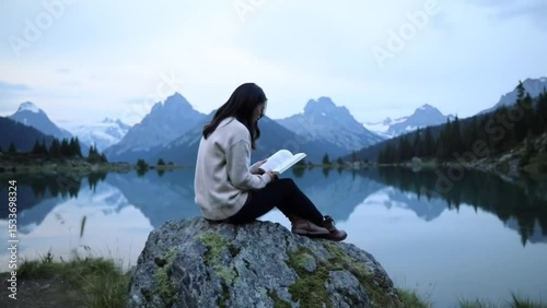 Solitary woman sitting on mossy rock reading open book near still mountain lake with pine trees and distant snowy peaks under soft evening light. Education concept
