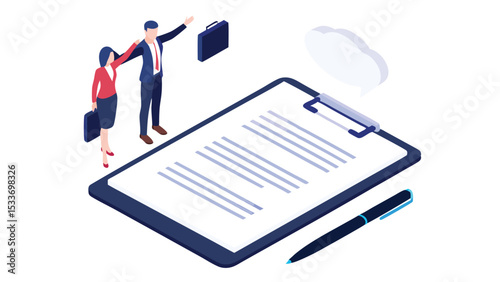 Isometric illustration of business people with clipboard pen and briefcase in a modern style