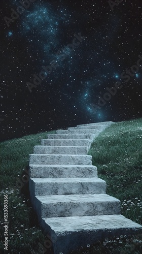Stairway leading to the stars in a surreal night landscape with stone steps and grassy hills photo