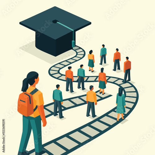 vector about the world of education where they walk to achieve graduation
