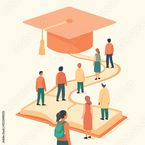 vector about the world of education where they walk to achieve graduation
