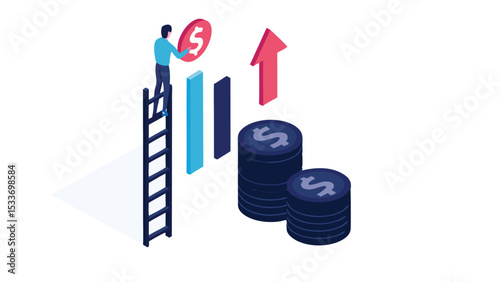 Man climbing ladder to place coin next to increasing bar graph and coin stacks to show growth
