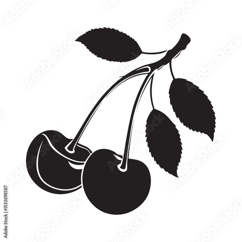 Minimalist black silhouette of two cherries with stem and leaf on white background