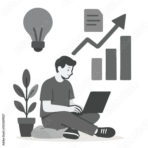 vector of a male businessman checking the progress of his business on a laptop while sitting relaxed