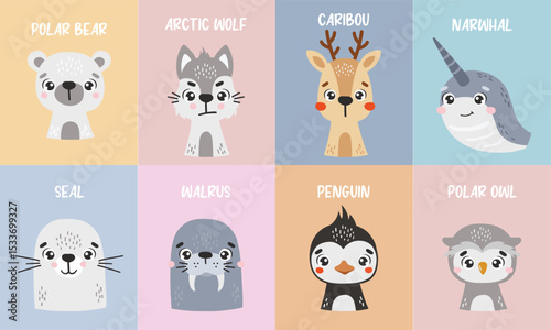 Polar animals isolated, cute animals, kids posters, cartoon, cards for kids