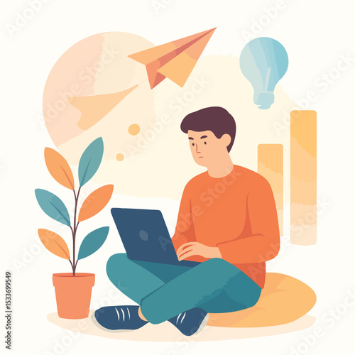 vector of a male businessman checking the progress of his business on a laptop while sitting relaxed